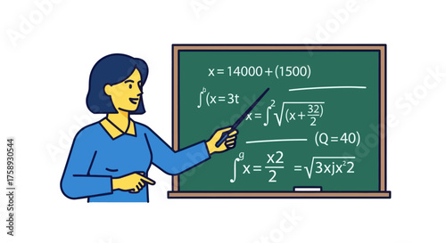 Female Teacher Explaining Complex Math Equations on Green Blackboard.