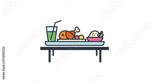 Illustrated Meal with Roasted Chicken Rice and Green Drink on a Tray.