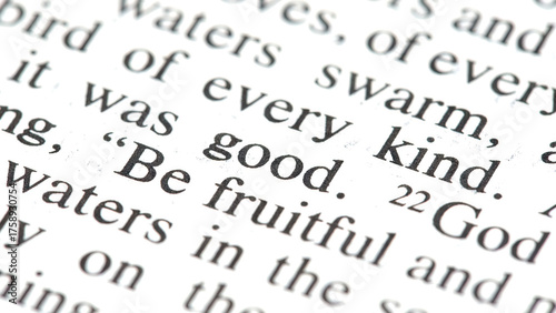 Bible text macro with the words “be fruitful … good” in focus, scripture verse detail from Genesis on printed page, religion faith concept background, selective focus typography close up, no people