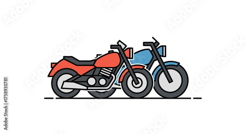 Two stylized motorcycles one red and one blue parked side-by-side.