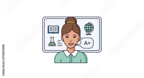Female Teacher Illustration with Headset and Educational Whiteboard Icons.
