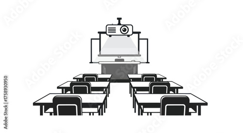 Empty modern classroom setup with projector screen desks and chairs for education.