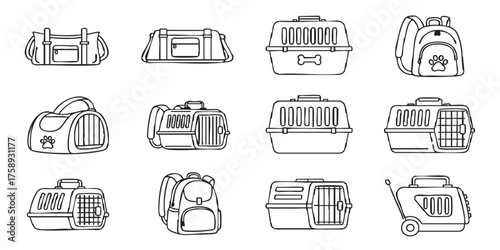 Set of pet carrier outline icons vector
