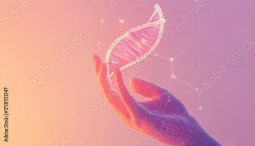 Hand gently holding a dna strand against a soft pink and orange background