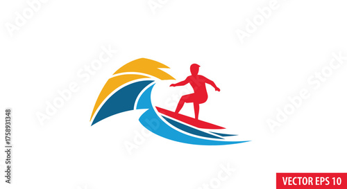 Silhouette of a surfer riding a stylized wave with colorful crest.