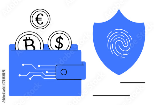 Electronic wallet containing Euro, Bitcoin, and Dollar coins alongside a fingerprint security shield. Ideal for cryptocurrency, security, fintech, digital payment, privacy, blockchain trust