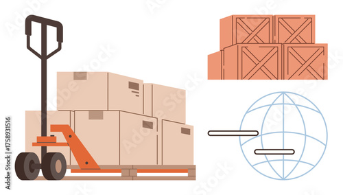 Pallet loaded with cardboard boxes, hand truck beside it, stacked wooden crates, and a globe outline. Ideal for logistics, shipping, transportation, inventory, global business supply chain simple