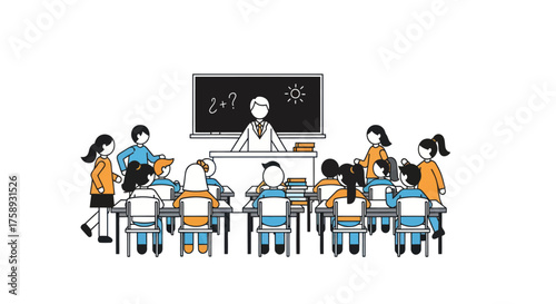Classroom Scene with Teacher and Students at Desks in Learning Environment.