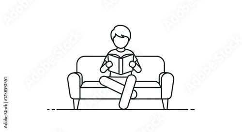 Person sitting on a couch reading a book line art illustration.