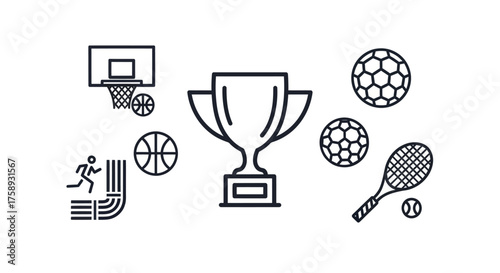 Sports Equipment and Trophy Icon Set: Basketball Tennis Soccer Running and Award.