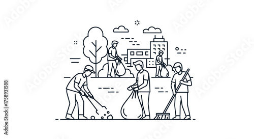 Community volunteers cleaning up park with trash bags and brooms.