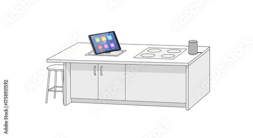 Kitchen Island with Tablet Stool and Cooktop.