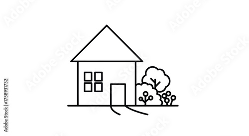 Simple Line Drawing of a House with Garden Elements.