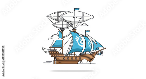 Stylized Flying Ship with Blue Sails and Hot Air Balloons.