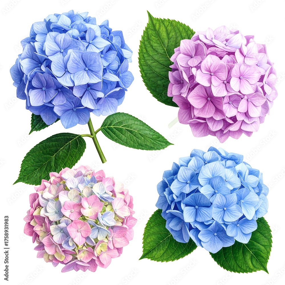 Obraz premium A vivid collection of four diverse hydrangea blossoms. Featuring vibrant blue, purple, and pink blooms with lush green leaves, set against a stark white backdrop