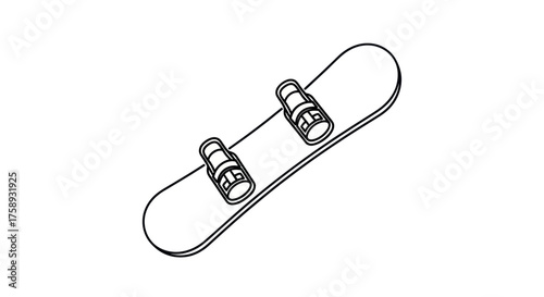 Isolated Line Art Snowboard with Bindings for Winter Sports Activities.