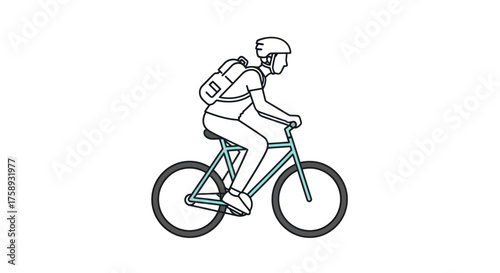 Line art illustration of a person riding a bicycle with a backpack.