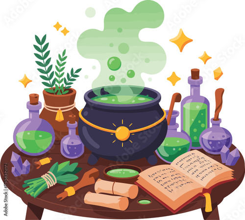 A witch's workspace with a bubbling cauldron, colorful potions, herbs, and an open spellbook, ready for magical concoctions.