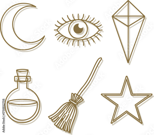 A collection of hand-drawn mystical symbols including a crescent moon, an all-seeing eye, a kite, a potion bottle, a broom, and a star.