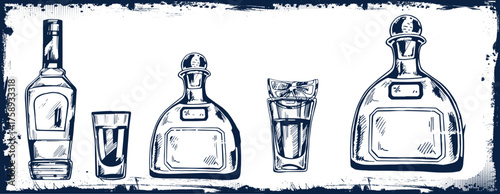 Different bottles with alcohol and different glasses. Vector illustration in sketch style
