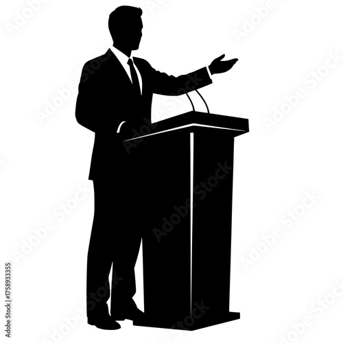A businessperson giving a presentation at a podium silhouette. Perfect for corporate, business, conference, seminar, and professional-themed designs, posters, digital artwork, print projects.