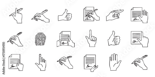 Set of document signing hand outline icons vector
