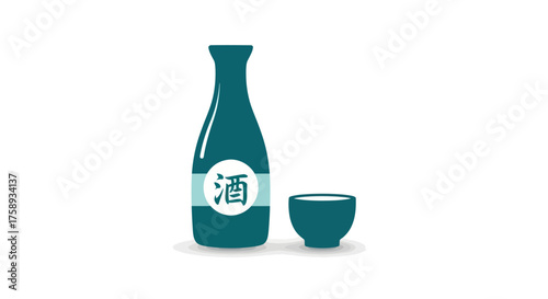 Traditional Japanese Sake Bottle and Cup with Kanji Character Icon.
