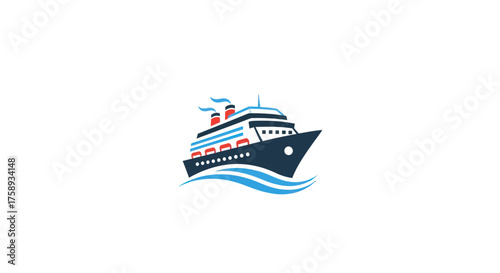 Stylized Cruise Ship Logo with Blue Waves and Smoke.