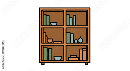 A simple cartoon illustration of a wooden bookshelf with six compartments filled with books and bowls.
