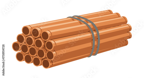 A bundle of new shiny copper pipes or tubes tied together with a metal strap ready for industrial use.