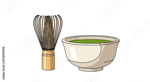 Traditional Japanese Matcha Tea Set with Whisk and Bowl.