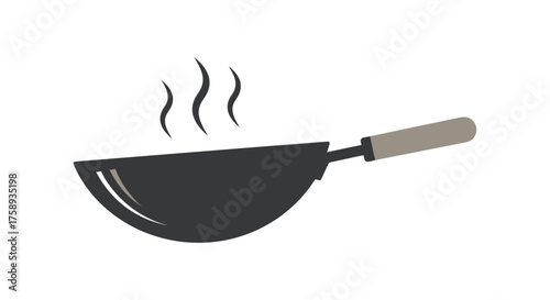 Black Wok Pan with Steam Rising from Hot Contents.