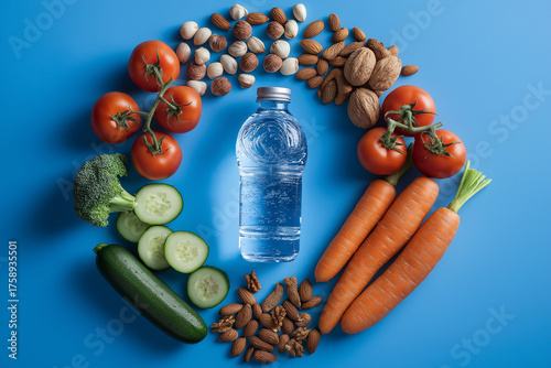 Flat lay of healthy food options — vegetables, nuts, water — arranged in a blue circle pattern, diabetes diet concept