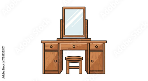 Wooden Vanity Table with Mirror and Stool.