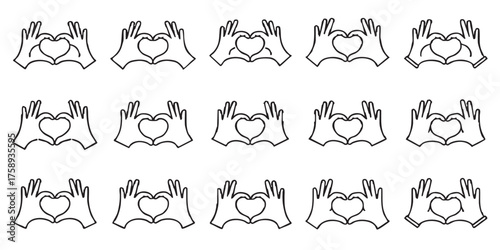 Set of hand heart love gesture outline icons vector
