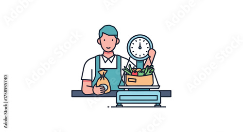 Grocer weighing fresh produce on a vintage scale with a bag of goods.