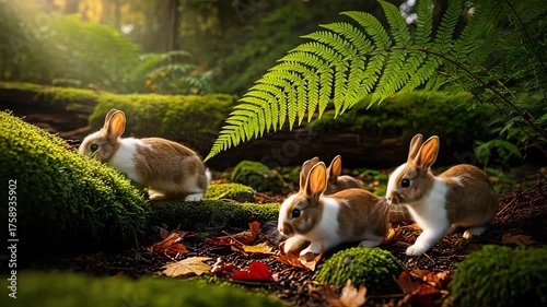 Forest rabbits hop among fern, forest rabbits sniff moss, fading beams crown forest rabbits. concept eco harmony.