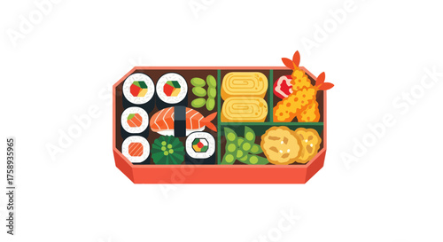 Colorful Japanese Bento Box Meal with Assorted Sushi Tempura and Edamame.