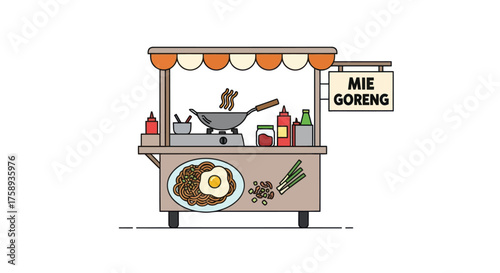 Vibrant Mie Goreng Food Cart Illustration with Cooking Wok and Delicious Meal.