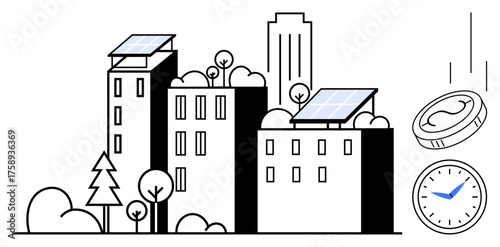 Solar panels on rooftops, trees around sustainable buildings, coin and clock symbolizing savings, eco-efficiency. Ideal for sustainability, green energy, cost efficiency, time management, urban