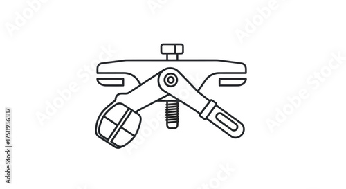 Illustration of a mechanical clamp with adjustable screw and pivoting arm.