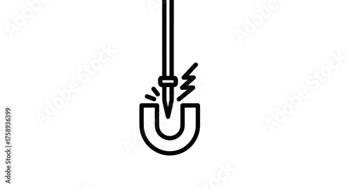 Horseshoe magnet attracting a metal nail with electrical sparks.