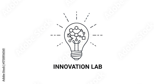 Stylized light bulb with molecular structure and radiating lines symbolizing innovation and ideas.