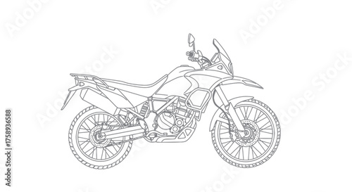 Detailed Line Art Illustration of a Modern Adventure Motorcycle Design.