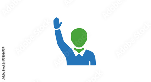 Stylized Blue and Green Figure Raising Hand.