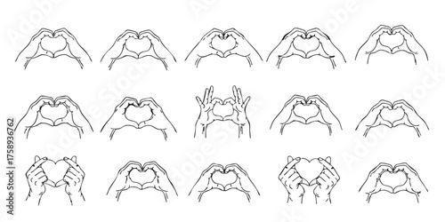 Set of hand heart love gesture outline icons vector
