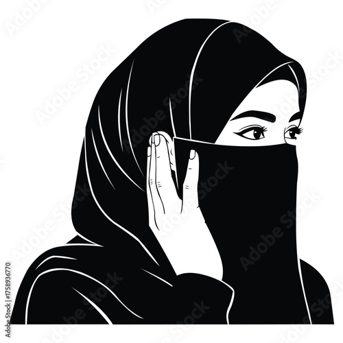 Creative design vector art of black and white illustration of a muslim woman wearing a hijab and niqab