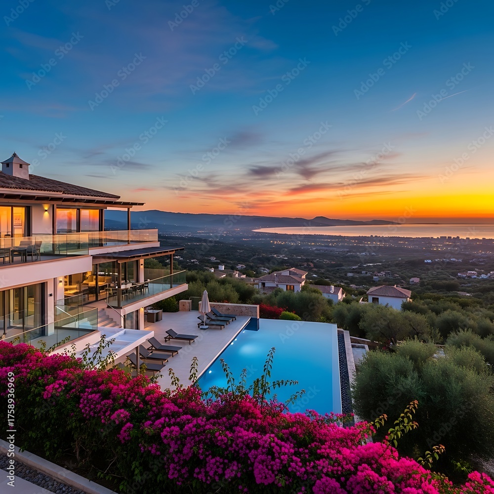 Obraz premium Luxury Villa with Infinity Pool Overlooking the Sea at Sunset.