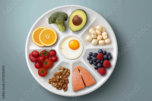 Vector illustration of balanced plate with low glycemic foods, clean infographic style