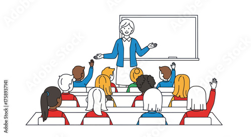 Teacher instructing diverse students in a classroom some raising hands.